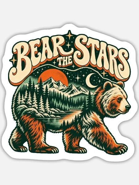 Bär unter Sternen – Berglandschaft Retro - Sticker Größe L (20 x 20 cm) - Mattweiß