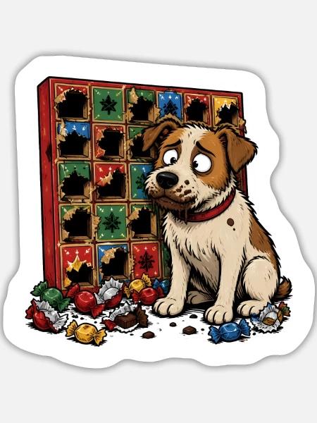 Hund Adventskalender Schokolade Comic T-Shirt - Sticker Größe L (20 x 20 cm) - Mattweiß