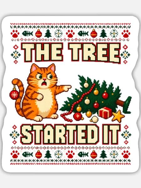 Weihnachten Katze Tannenbaum Chaos - Sticker Größe L (20 x 20 cm) - Mattweiß