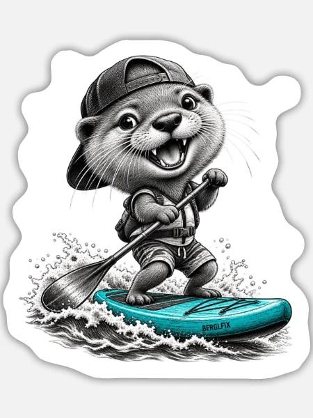 Standup-Otter Surfing - Sticker Größe L (20 x 20 cm) - Mattweiß