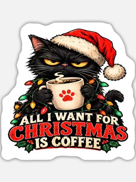 Katze und Weihnachtskaffee - Sticker Größe L (20 x 20 cm) - Mattweiß