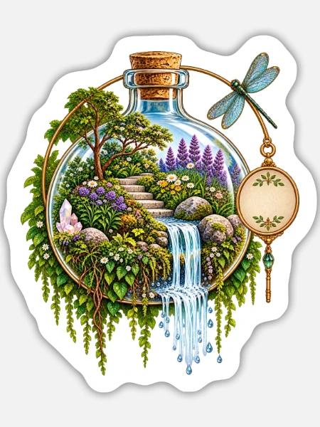 Gartenflasche: Wasserfall im Zauberwald - Sticker Größe L (20 x 20 cm) - Mattweiß