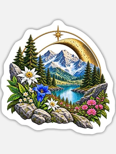 Mondbogen Garten Bergsee Landschaft - Sticker Größe L (20 x 20 cm) - Mattweiß
