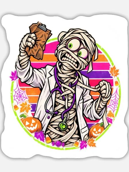 Halloween-Arztmumie vor Retro-Sonne - Sticker Größe L (20 x 20 cm) - Mattweiß