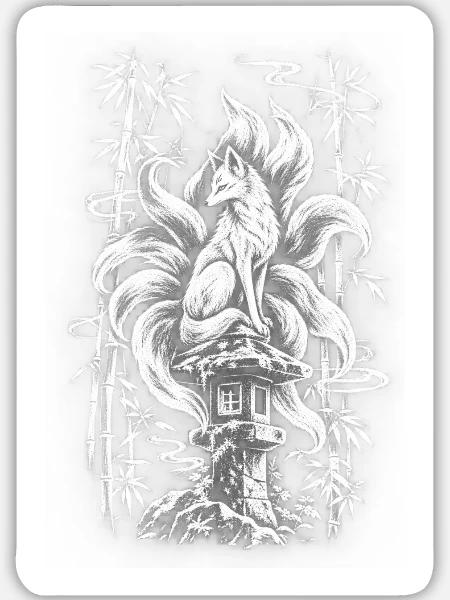 Japanese Kitsune – Nine-Tailed Fox Spirit - Sticker Größe L (20 x 20 cm) - Mattweiß