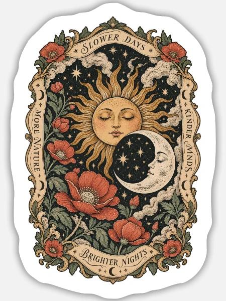 Slower Days – Mystische Sonne & Mond - Sticker Größe L (20 x 20 cm) - Mattweiß