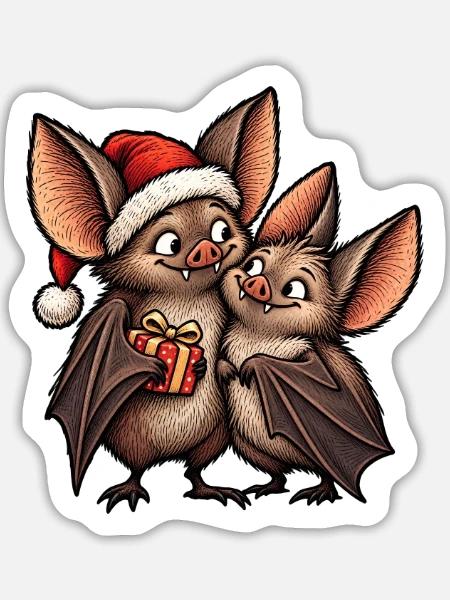 Weihnachtsfledermäuse mit Weihnachtsgeschenk - Sticker Größe L (20 x 20 cm) - Mattweiß