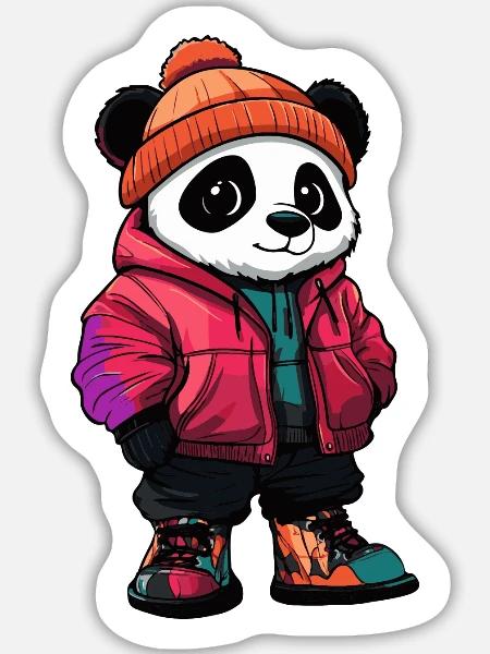 Panda mit Winterjacke und Mütze - Sticker Größe L (20 x 20 cm) - Mattweiß