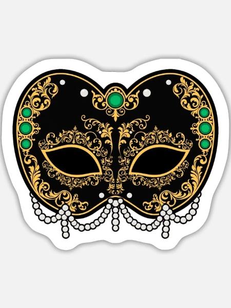 Goldene Schwarze Maske mit Perlen - Sticker Größe L (20 x 20 cm) - Mattweiß