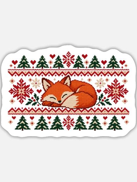 Schlafender Fuchs im Winterstrick - Sticker Größe L (20 x 20 cm) - Mattweiß