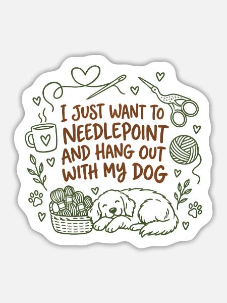 Needlepoint hängt mit Hund niedlich ab - Sticker Größe L (20 x 20 cm) - Mattweiß