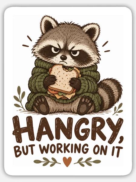 Hangry Waschbär mit Sandwich - Sticker Größe L (20 x 20 cm) - Mattweiß