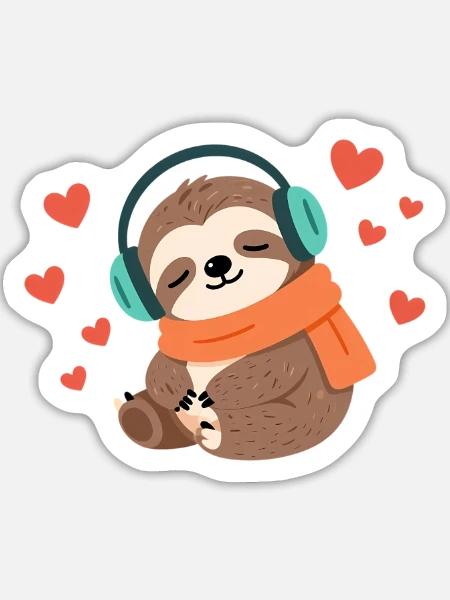 Kuschel-Sloth mit Kopfhörer - Sticker Größe L (20 x 20 cm) - Mattweiß