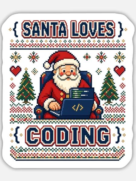 Santa Loves Coding Pixel Ugly Sweater - Sticker Größe L (20 x 20 cm) - Mattweiß