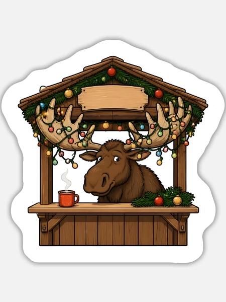 Elch Weihnachtsmarkt Lichterkette Comic T-Shirt - Sticker Größe L (20 x 20 cm) - Mattweiß
