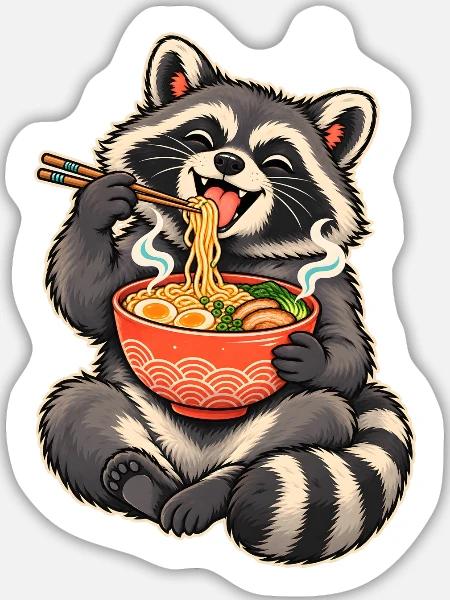 Süßer Waschbär mit Ramen und Essstäbchen - Sticker Größe L (20 x 20 cm) - Mattweiß