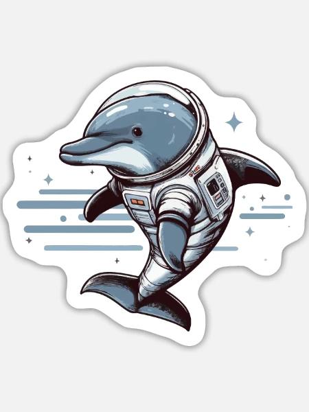 Delfin im Raumanzug – Blau - Sticker Größe L (20 x 20 cm) - Mattweiß