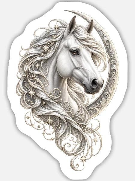 Himmlisches Weißpferd – Halbmond und Stern - Sticker Größe L (20 x 20 cm) - Mattweiß