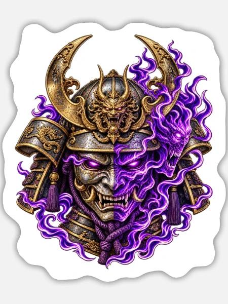 Dämonischer Samurai – Oni-Maske & Lila Flammen - Sticker Größe L (20 x 20 cm) - Mattweiß