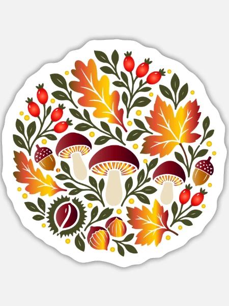Herbstmotiv mit Pilzen und Hagebutten - Sticker Größe L (20 x 20 cm) - Mattweiß