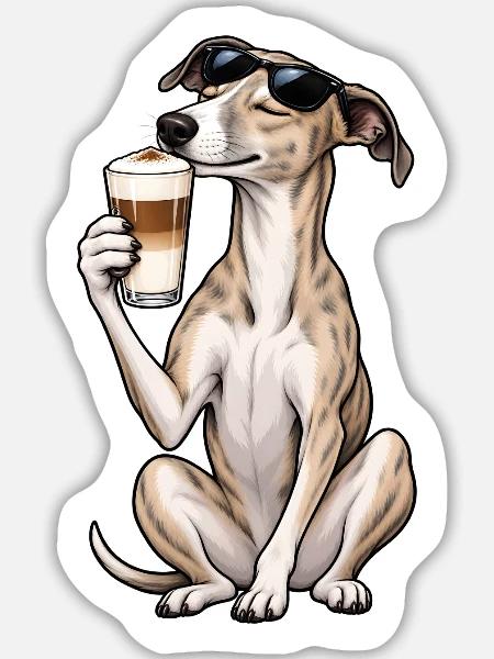 Whippet mit Latte Macchiato - Sticker Größe L (20 x 20 cm) - Mattweiß