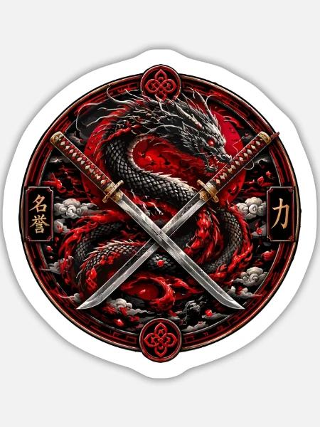 Drache und Kreuzschwerter Emblem - Sticker Größe L (20 x 20 cm) - Mattweiß