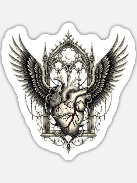 Gotische Rabenherz – Dunkle Kathedralenkunst - Sticker Größe L (20 x 20 cm) - Mattweiß