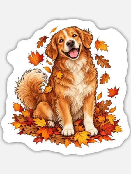Herbsthund mit Blattkranz - Sticker Größe L (20 x 20 cm) - Mattweiß