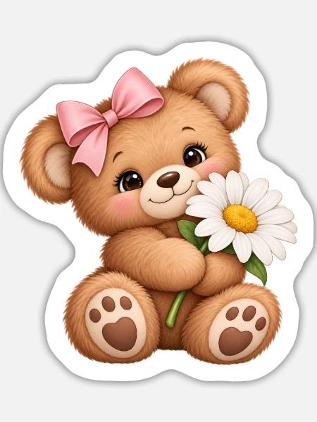 Süßer Teddybär mit Gänseblümchen - Sticker Größe L (20 x 20 cm) - Mattweiß