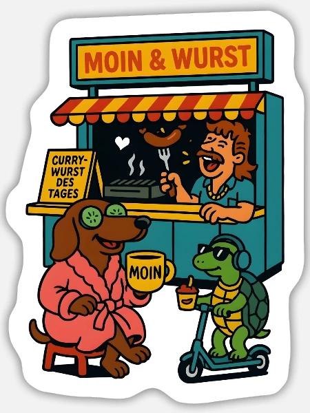 Dackel Imbiss Moin und Wurst - Sticker Größe L (20 x 20 cm) - Mattweiß
