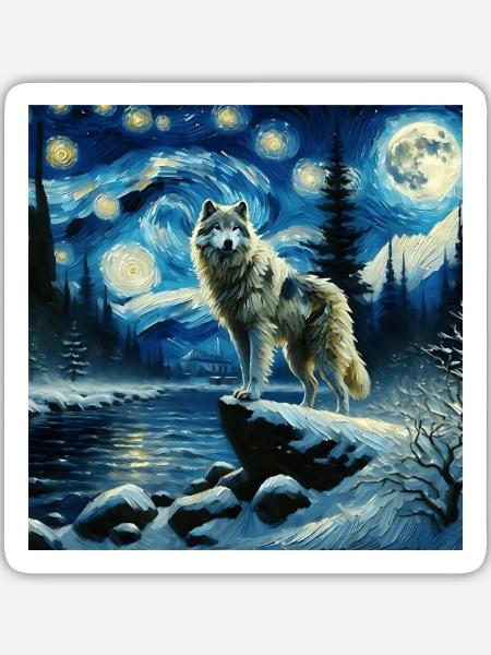 Grauwolf Starry Night - Sticker Größe L (20 x 20 cm) - Mattweiß