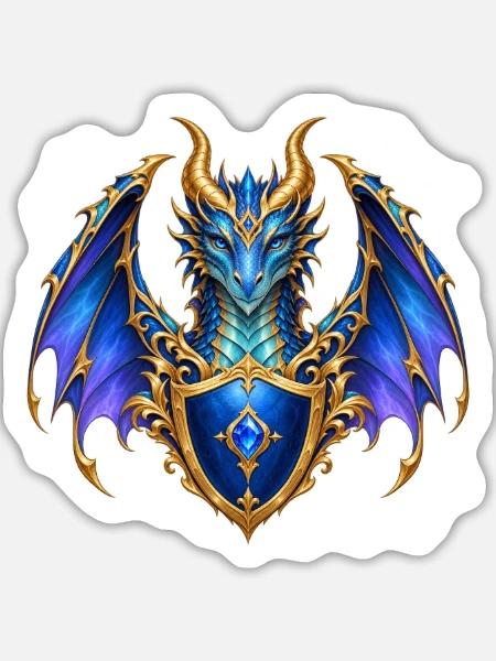 Saphirblauer Drache – Goldenes Wappenschild - Sticker Größe L (20 x 20 cm) - Mattweiß
