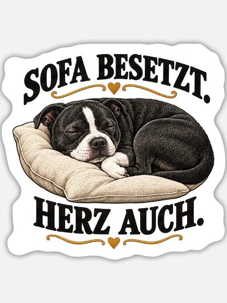 Schlafender_Staffbull__Sofa_besetzt-_Herz_auch- - Sticker Größe L (20 x 20 cm) - Mattweiß