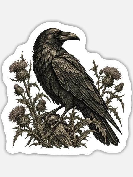 Rabe & Disteln – Dunkle Naturgravur - Sticker Größe L (20 x 20 cm) - Mattweiß