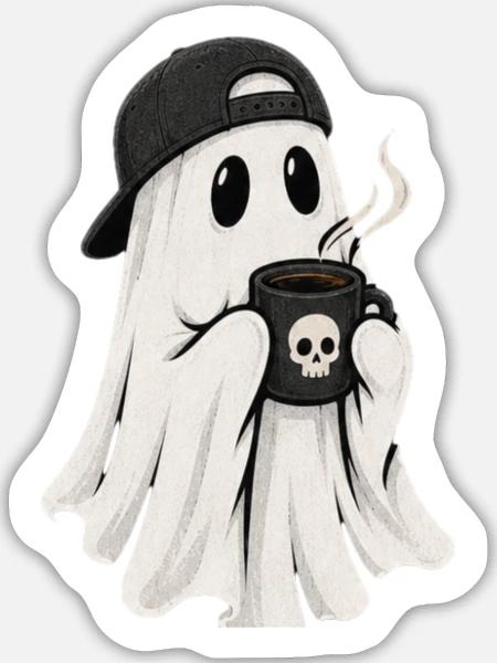 Geisterkaffee Ghost mit Cap - Sticker Größe L (20 x 20 cm) - Mattweiß
