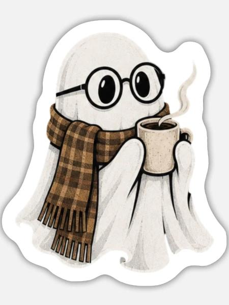Kaffeegeist mit Brille und Schal - Sticker Größe L (20 x 20 cm) - Mattweiß