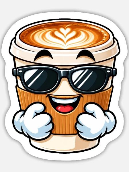 Cooler Cartoon Kaffee Cappuccino - Sticker Größe L (20 x 20 cm) - Mattweiß