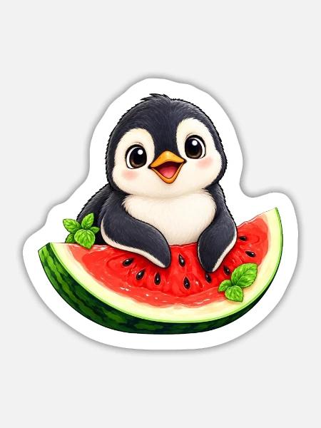 Süßer Cartoon Pinguin Melone Sommer - Sticker Größe L (20 x 20 cm) - Mattweiß