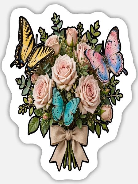 Rosen- und Schmetterlingsstrauß - Sticker Größe L (20 x 20 cm) - Mattweiß