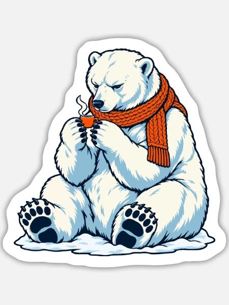 Eisbär mit Kaffeetassee - Teebecher - Sticker Größe L (20 x 20 cm) - Mattweiß