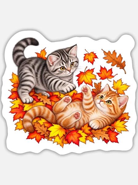 Herbstkätzchen im Herbstlaub - Sticker Größe L (20 x 20 cm) - Mattweiß