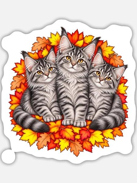 Katzentrio im Herbstlaub - Sticker Größe L (20 x 20 cm) - Mattweiß