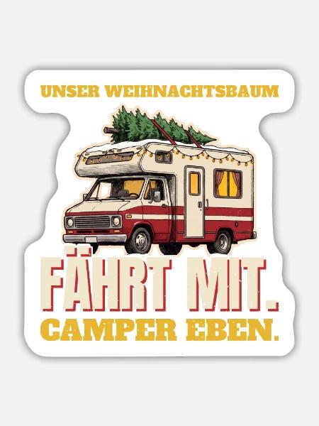 Unser Weihnachtsbaum fährt mit: Camper eben - Sticker Größe L (20 x 20 cm) - Mattweiß