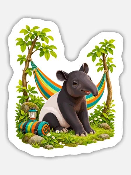 Kleiner Tapir am bunten Hängemattenlager - Sticker Größe L (20 x 20 cm) - Mattweiß