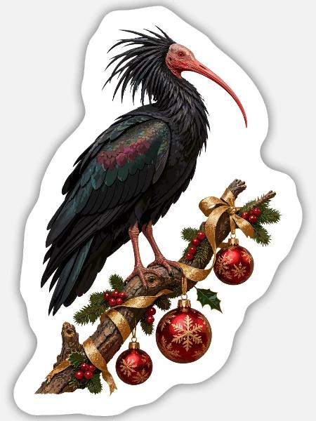 Waldrapp mit rubinroten Weihnachtskugeln - Sticker Größe L (20 x 20 cm) - Mattweiß