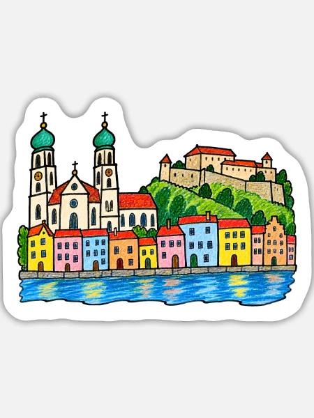 Passau Skyline im bunten Wachsmalstil - Sticker Größe L (20 x 20 cm) - Mattweiß