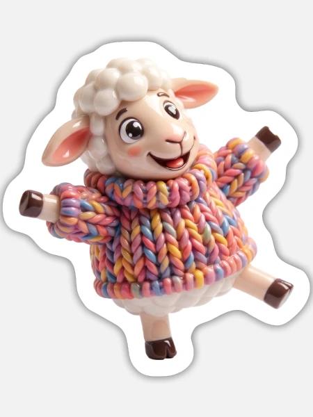 Lämmchen im bunten Strickpullover - Sticker Größe L (20 x 20 cm) - Mattweiß