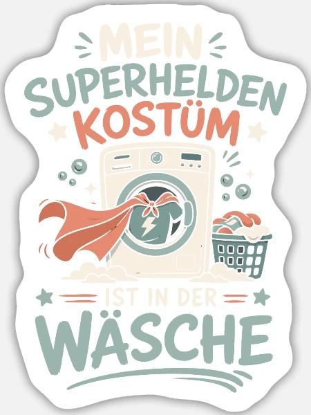 Superhelden Kostüm in der Wäsche - Sticker Größe L (20 x 20 cm) - Mattweiß