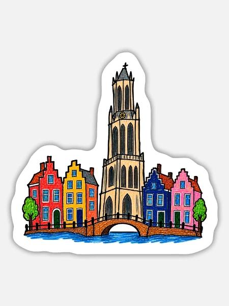 Utrecht Skyline im bunten Wachsmalstil - Sticker Größe L (20 x 20 cm) - Mattweiß