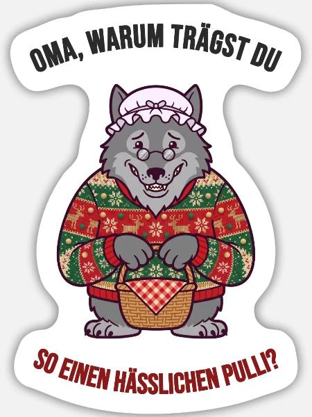 Hässlicher Weihnachtspullover – Wolf & Oma - Sticker Größe L (20 x 20 cm) - Mattweiß